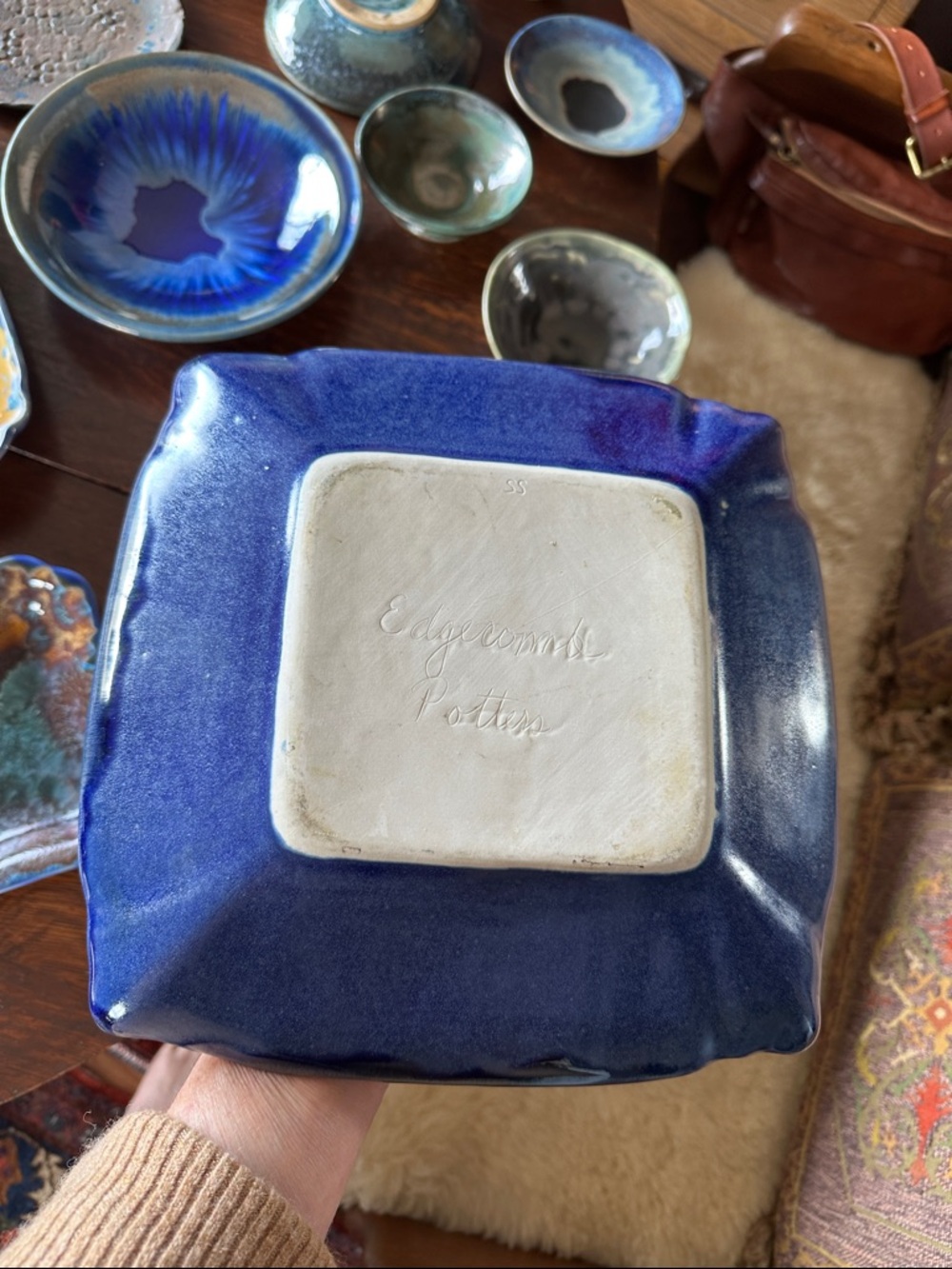 Handmade Edgecomb Pottery platter. Unique crystalline glaze. Bohemian home decor - Picture 8 of 15